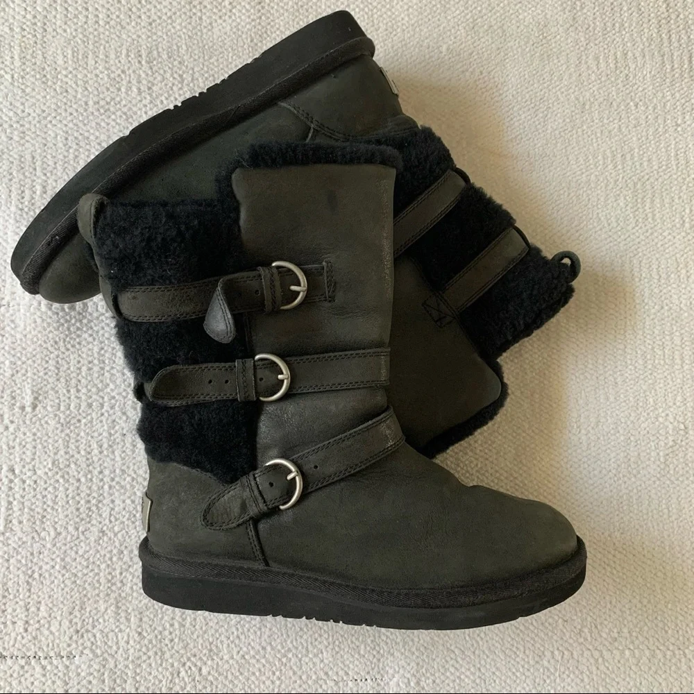 UGG Women's Black Grey Shearling Buckle Winter Boots